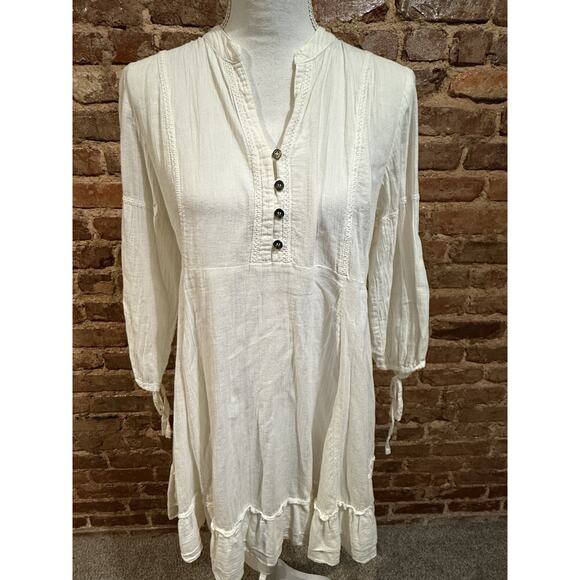 FREE/QUENT Dress Cream Dress 100% Cotton Scandi Boho Girl Sz S Peasant Ruffle - Picture 2 of 8